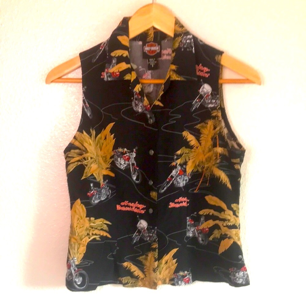 Harley Davidson button up tank top, tropical, S